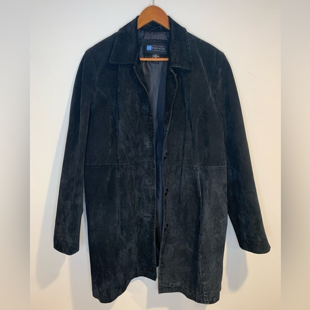(r)elativity Vintage 90s Genuine Suede Black Leather Mid Length Button Down Coat